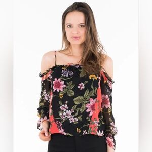 Guess Floral Cold Shoulder blouse black red size Small women's